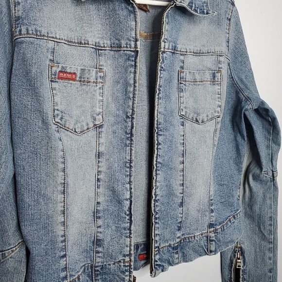 Guess L Jean Jacket Vintage Stretch Denim Light Blue Acid Wash Zip Up - Picture 14 of 16